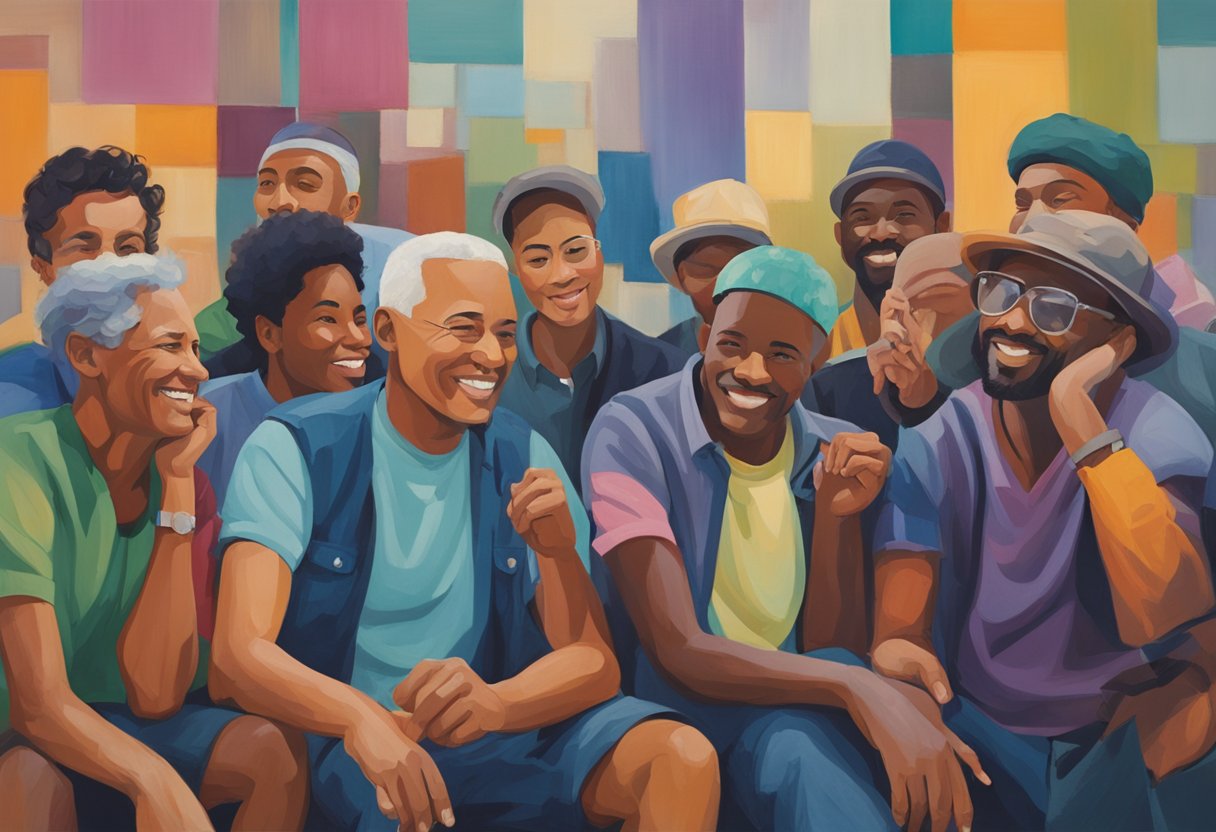 A group of diverse individuals engage in lively conversation, showing support and camaraderie towards a male cancer thriver