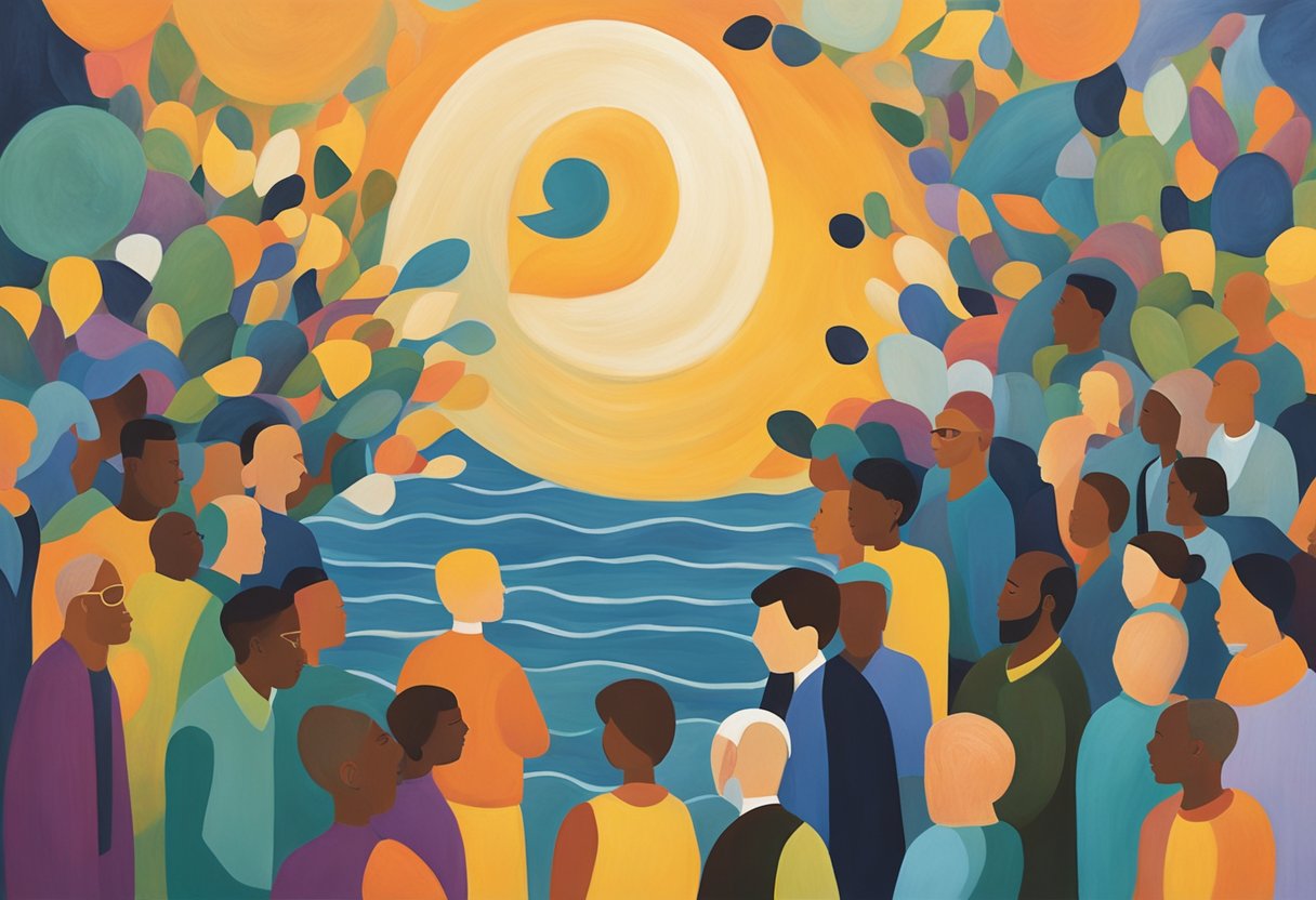 A group of diverse individuals gather around a cancer thriver, offering support and encouragement. The thriver is engaged in meaningful conversations and interactions, reflecting the importance of social support in his journey