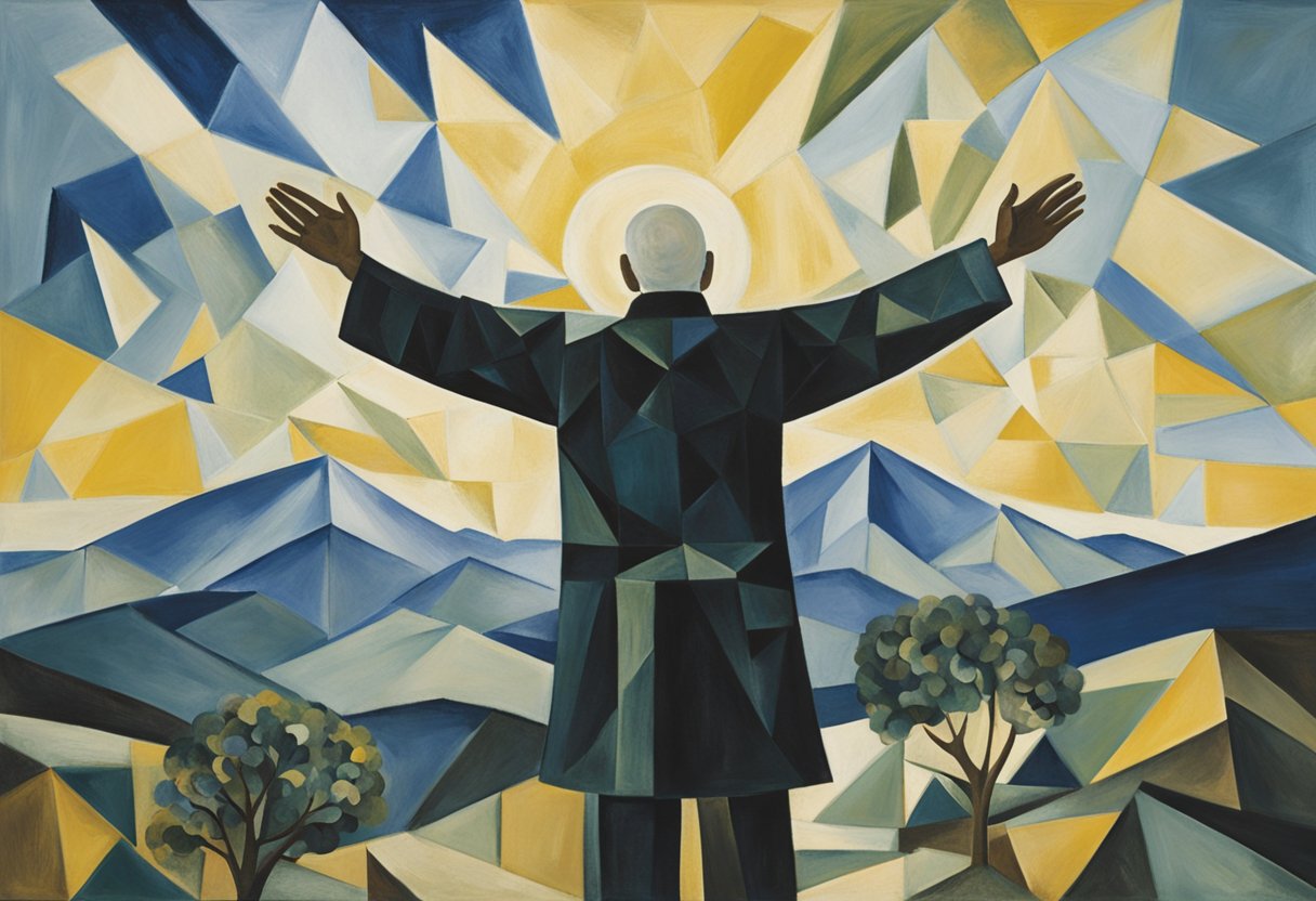 A person standing on a mountain peak, arms raised in triumph. Surrounding landscape shows transition from dark to light, symbolizing overcoming cancer