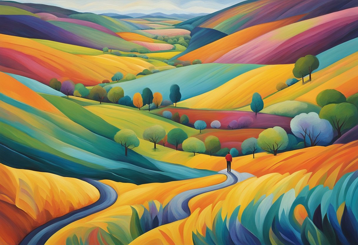 A man stands at the edge of a vast, colorful landscape, with winding paths leading to various emotional destinations. The scene is filled with a sense of hope and determination