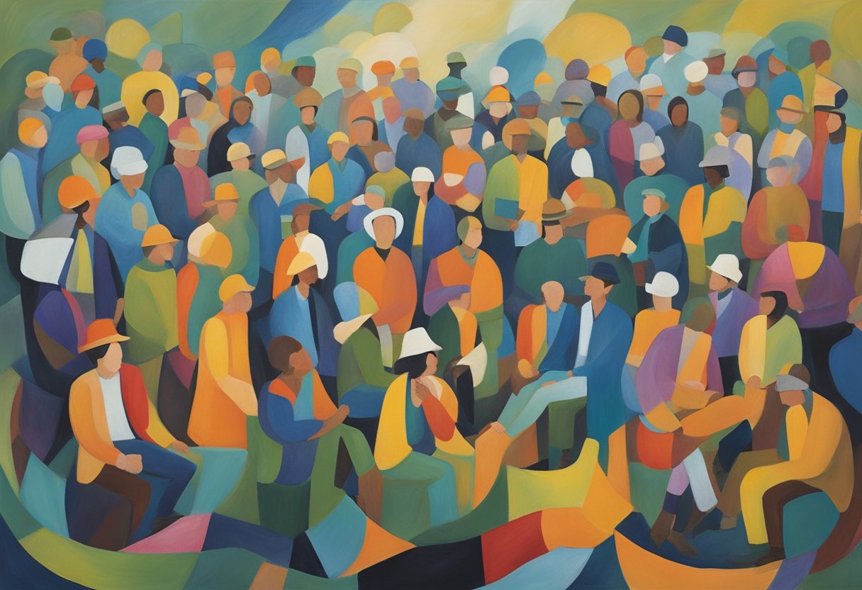 A group of people engage in supportive conversations, sharing experiences and offering encouragement to a male cancer thriver