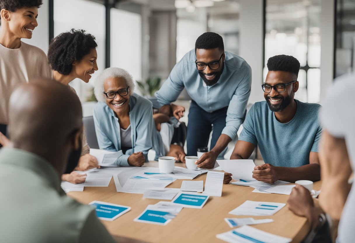 A group of people gather around a table, discussing healthcare resources and social interaction goals for male cancer thrivers. Display pamphlets, support group flyers, and informational posters in the background