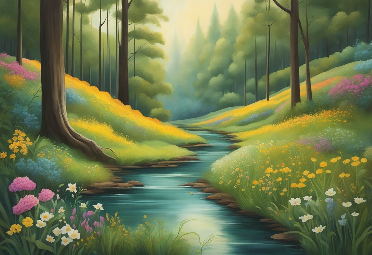 A serene forest clearing with a winding stream, vibrant wildflowers, and a gentle breeze