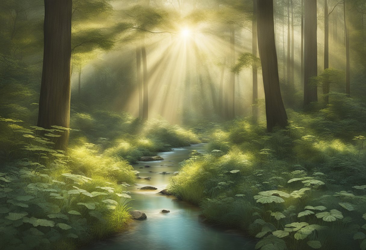 A tranquil forest clearing with sunlight filtering through the trees, a gentle stream flowing nearby, and a variety of native plants and wildlife