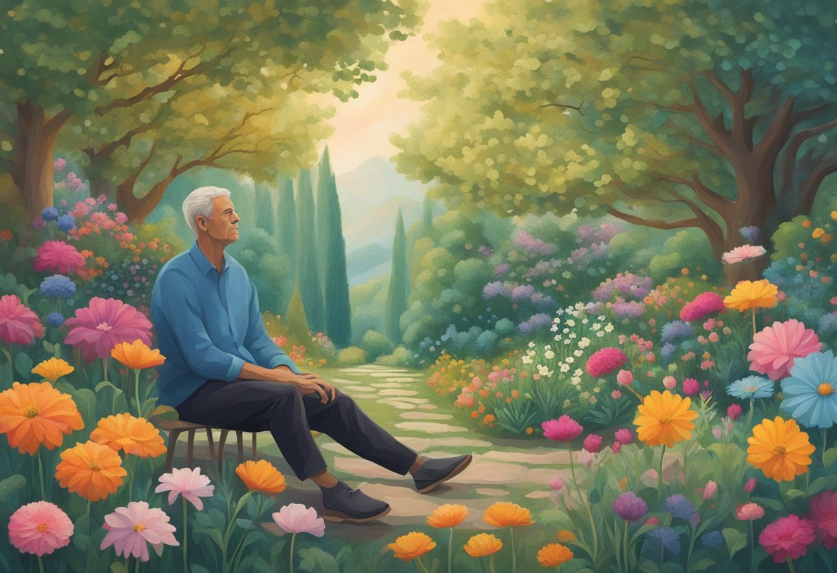 A man sits in a peaceful garden, surrounded by vibrant flowers and trees. He looks calm and content, connecting with nature to find solace and strength in his battle against cancer