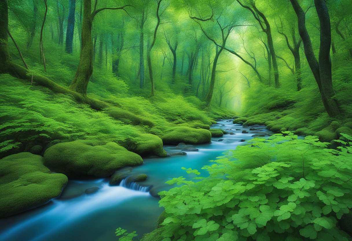 A serene forest with vibrant green foliage and a clear blue stream, symbolizing resilience and renewal in the face of male cancer