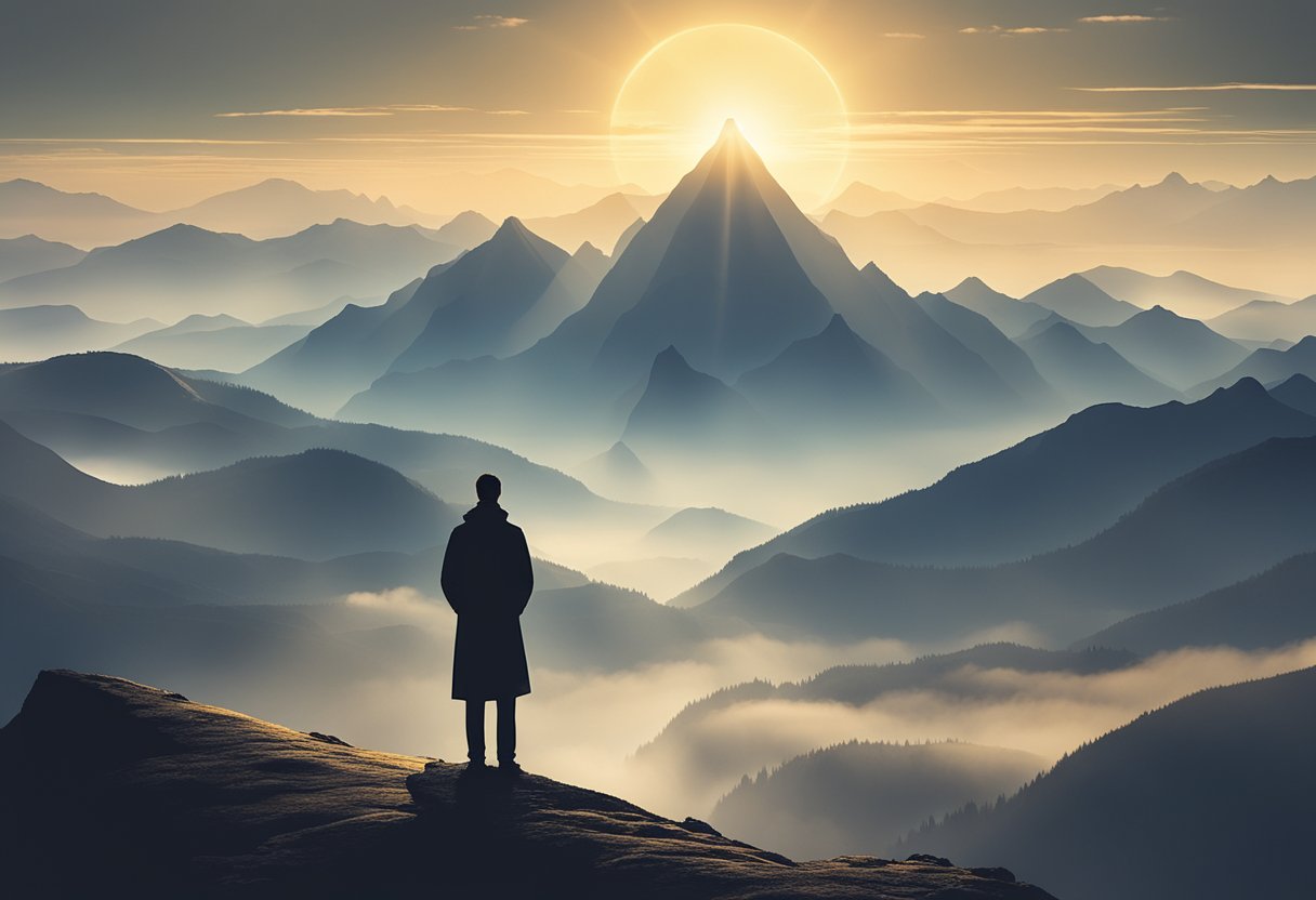 A person standing on a mountain peak, surrounded by a vast landscape. The sun is rising, symbolizing hope and new beginnings