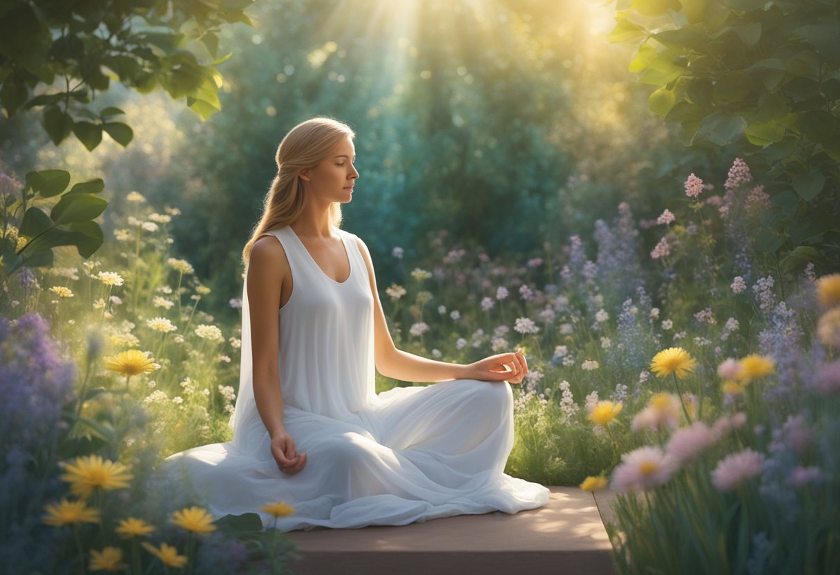 A serene figure meditates in a peaceful garden, surrounded by healing herbs and flowers. The soft glow of sunlight bathes the scene, evoking a sense of calm and balance