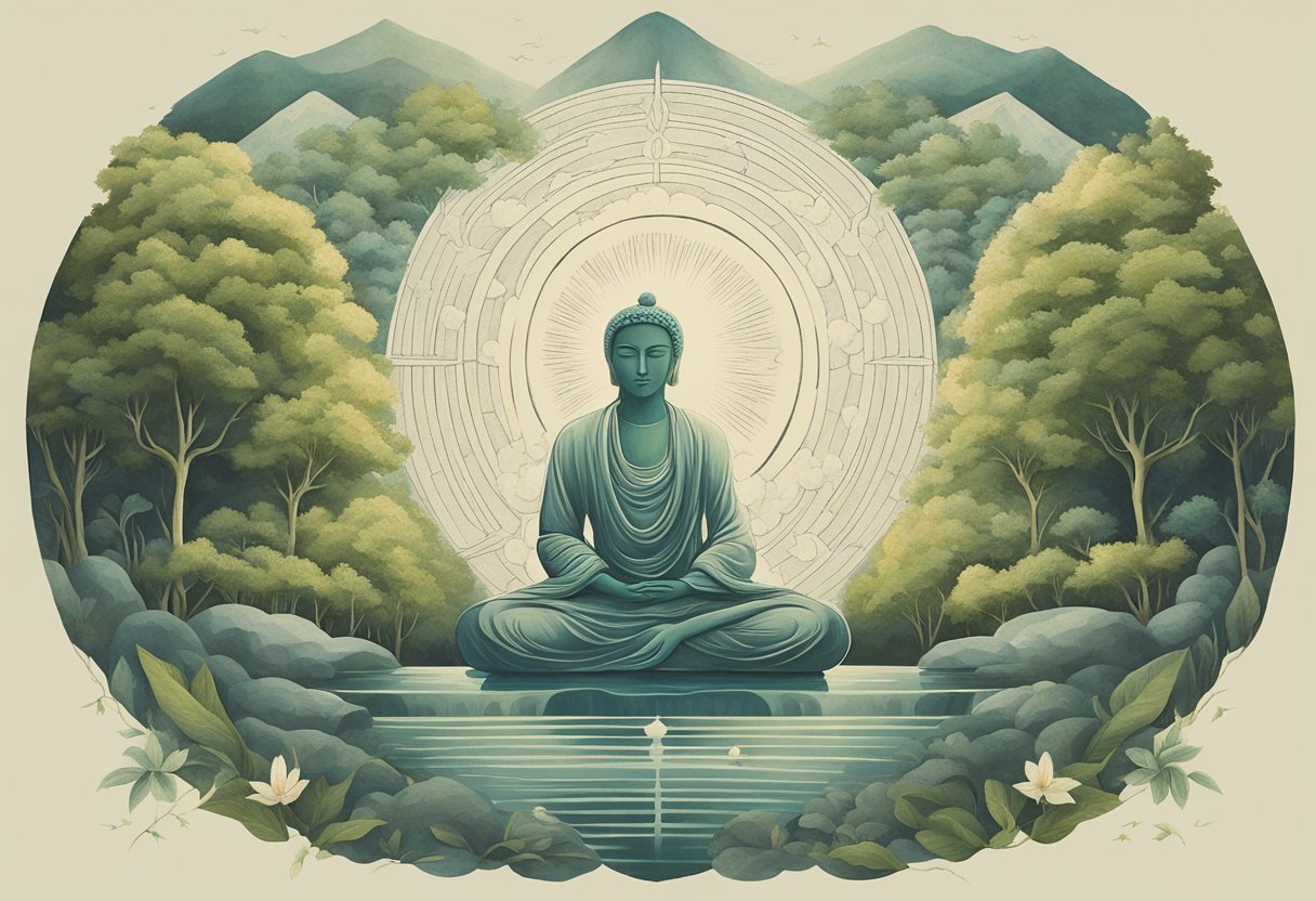 A serene figure surrounded by nature, radiating strength and tranquility