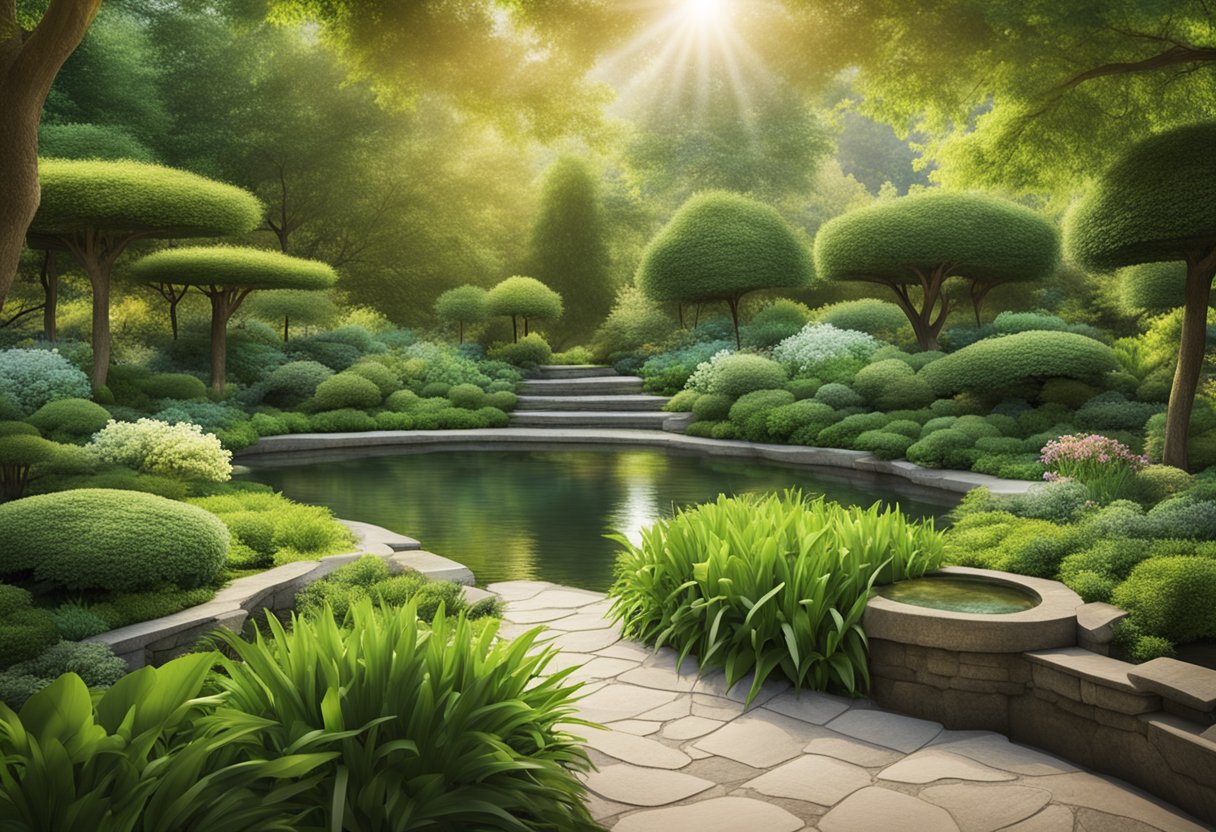 A serene garden with flowing water, lush greenery, and gentle sunlight, evoking a sense of peace and balance