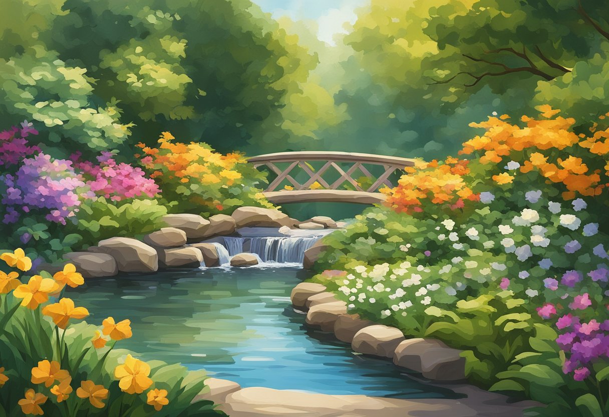 A serene garden with vibrant flowers and a peaceful flowing stream, surrounded by lush greenery and bathed in warm sunlight
