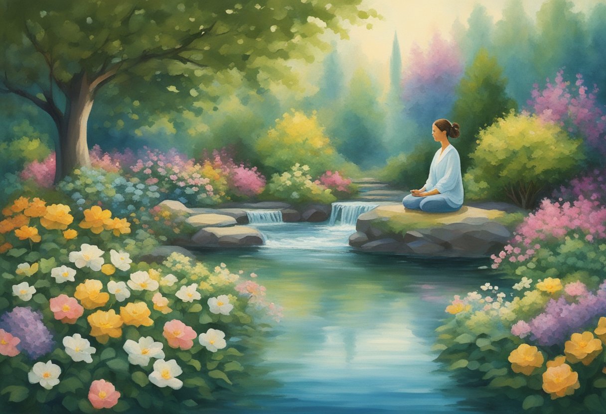 A serene figure meditates in a lush, peaceful garden, surrounded by blooming flowers and gentle, flowing water. The atmosphere exudes balance and tranquility
