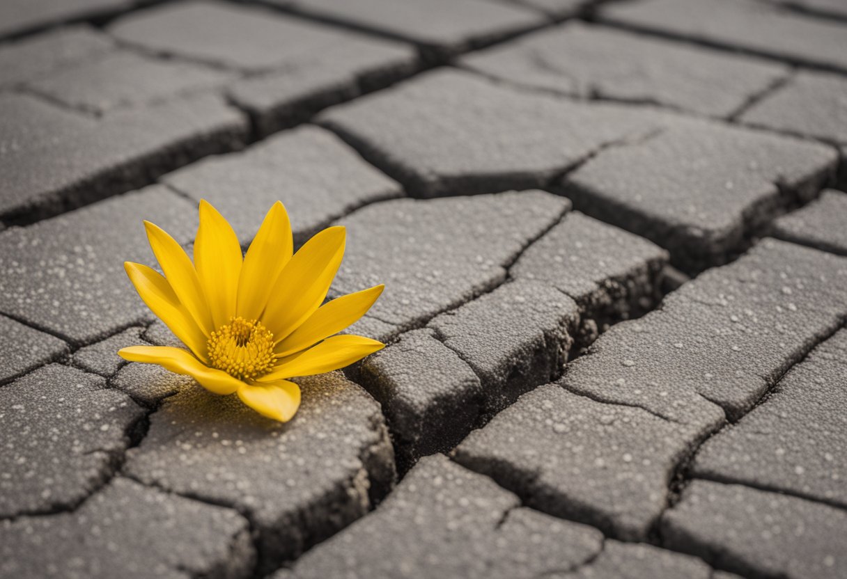A blooming flower breaking through a crack in the pavement