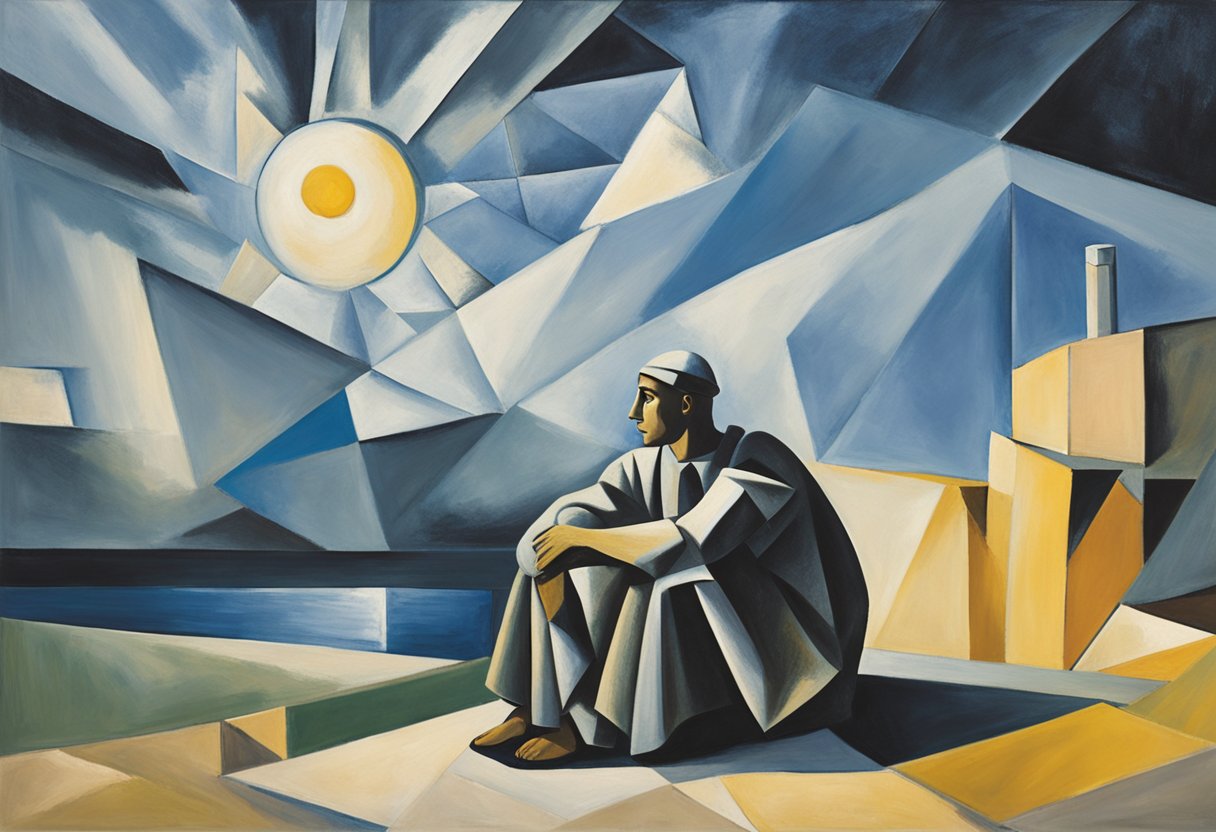 A figure gazes towards a bright horizon, symbolizing hope and optimism. Rays of sunlight illuminate the scene, representing a positive mindset shift towards embracing future possibilities and post-treatment life