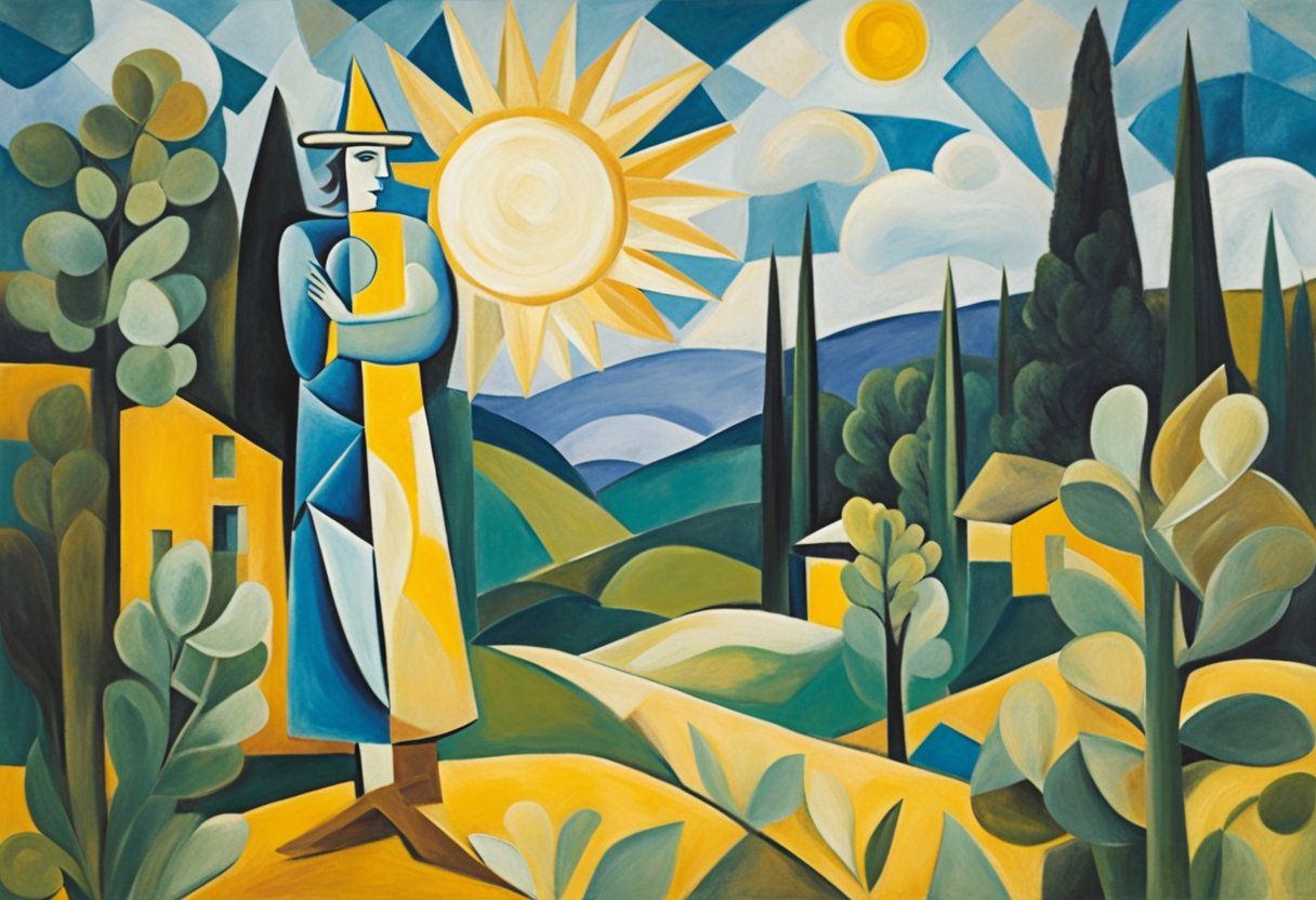 A figure stands tall amidst a vibrant landscape, symbolizing resilience and growth. The sun shines brightly, casting a hopeful glow over the scene