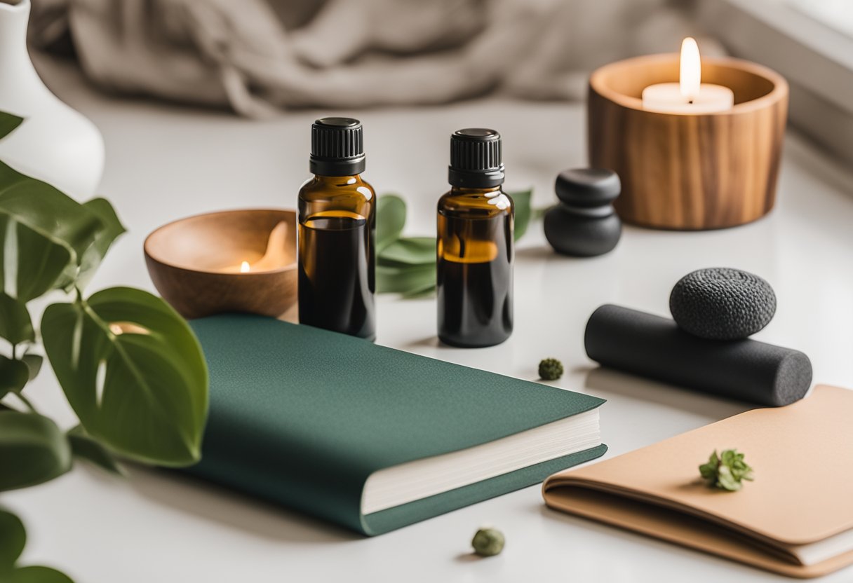 Lush greenery surrounds a serene meditation space, with a yoga mat, essential oils, and a journal for reflection. A balanced lifestyle is depicted through symbols of mindfulness and self-care