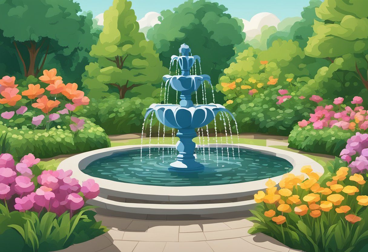 A serene garden with a bubbling fountain, lush greenery, and colorful flowers, surrounded by peaceful nature sounds