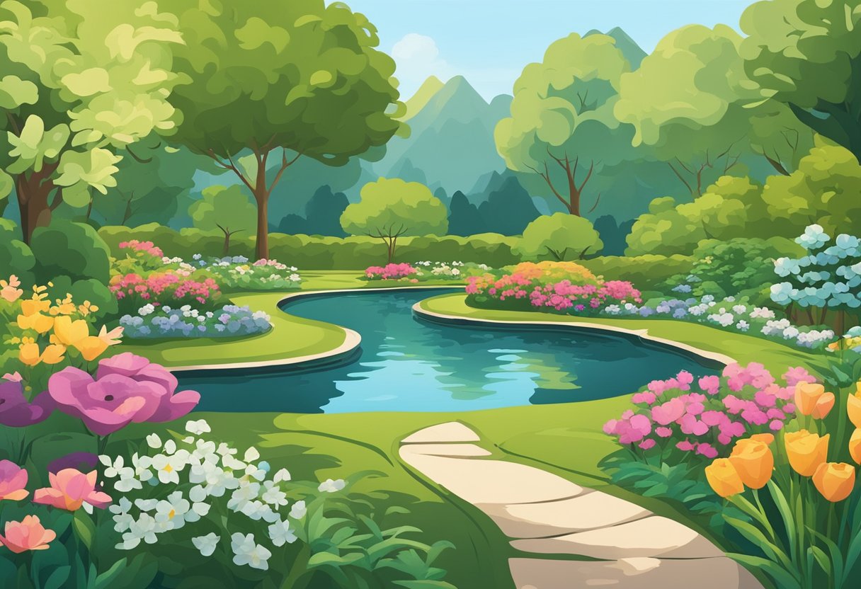 A serene garden with a winding path, blooming flowers, and a peaceful pond, surrounded by lush greenery and vibrant wildlife