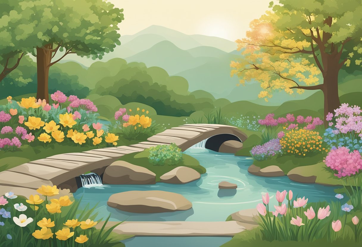 A serene garden with blooming flowers, a flowing stream, and a tranquil meditation space, representing holistic wellbeing in various life stages