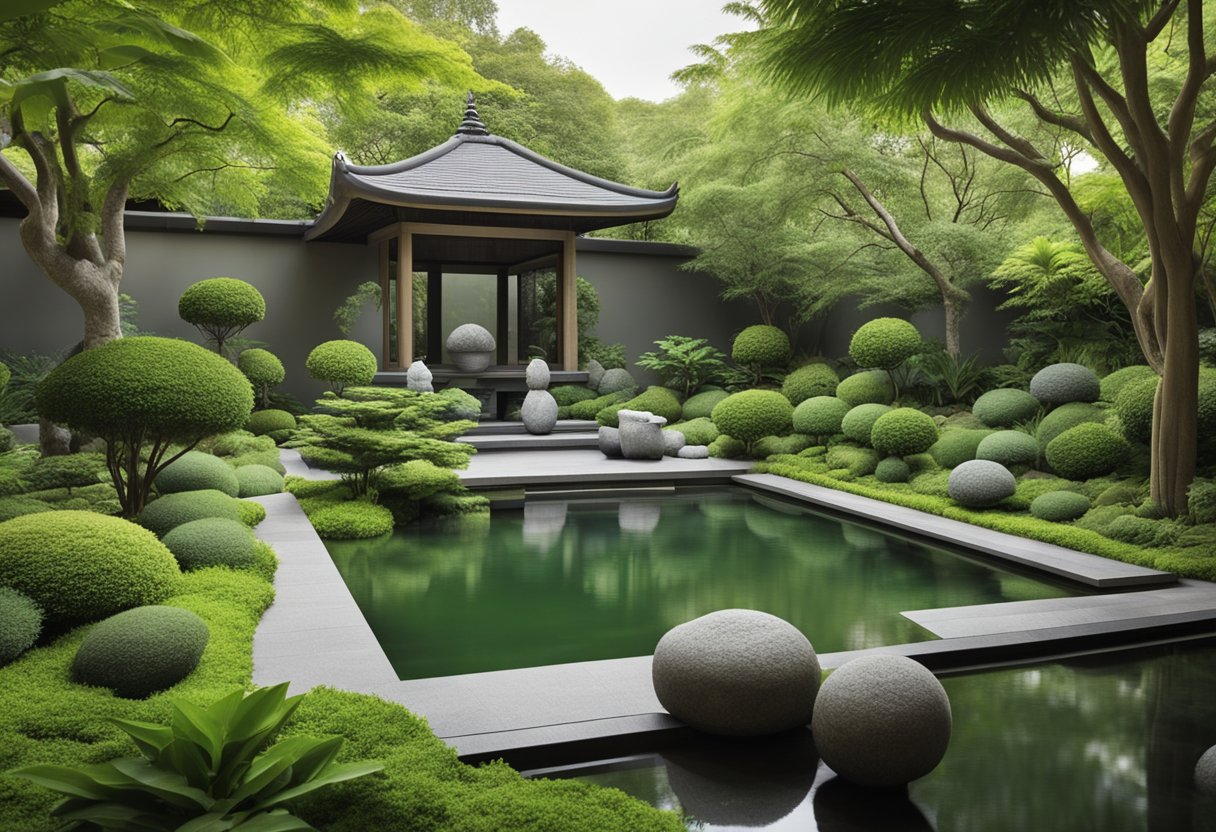 A serene garden with flowing water features, lush greenery, and peaceful meditation areas. A sense of tranquility and balance permeates the space