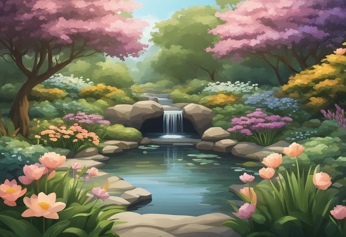 A serene garden with blooming flowers, a flowing stream, and a tranquil meditation space surrounded by lush greenery