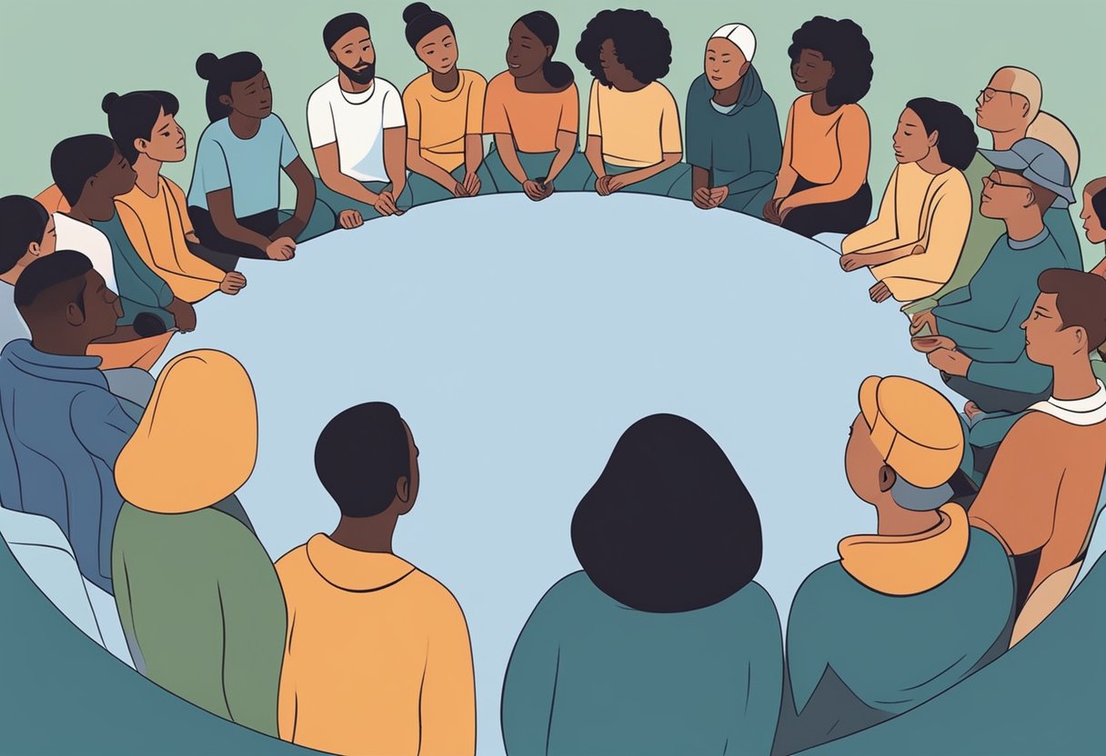 A group of diverse individuals gather in a circle, sharing stories and offering support. A sense of unity and hope fills the room