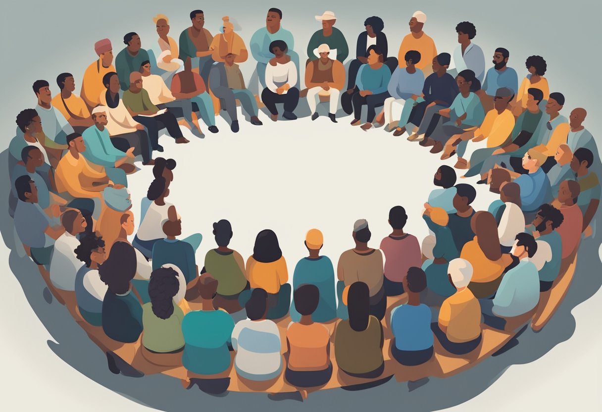 A group of diverse individuals gather in a circle, sharing stories and offering support to a male cancer thriver. The atmosphere is warm and welcoming, with a sense of connection and healing
