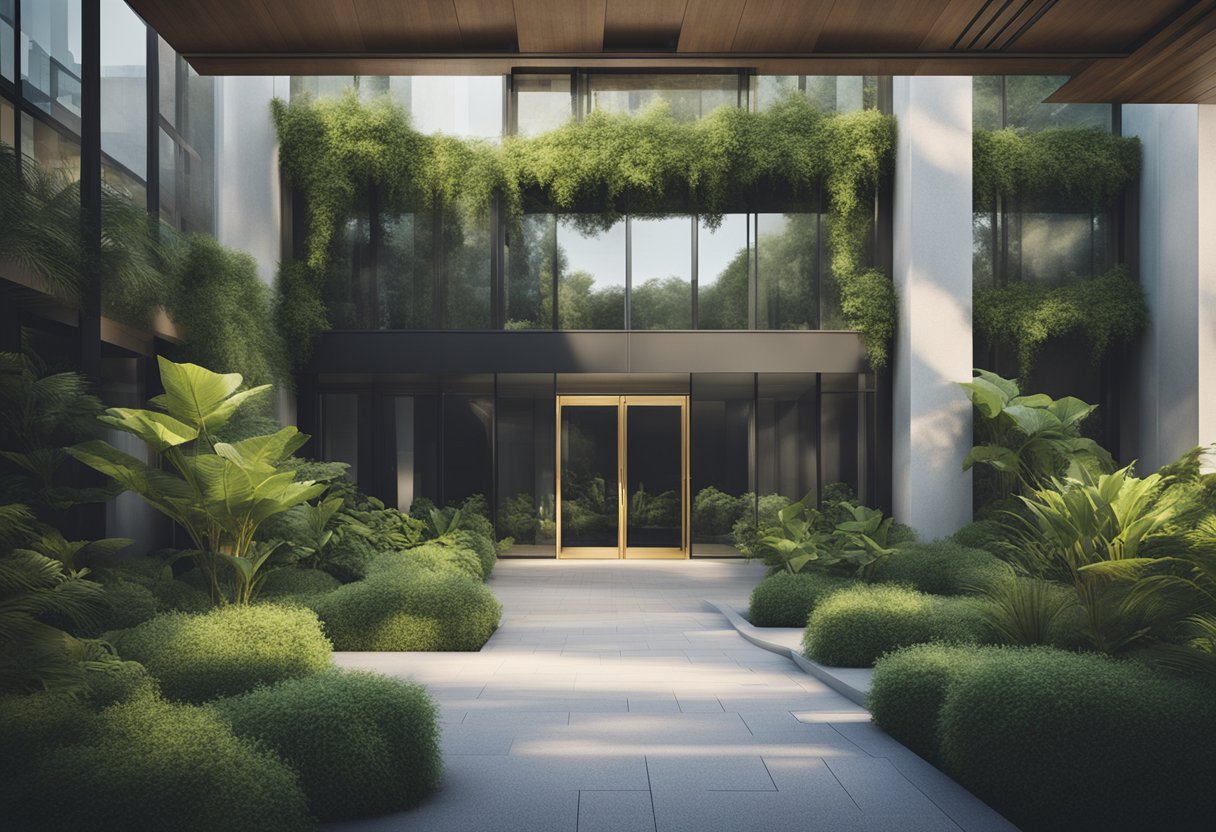 A modern building with a welcoming entrance, surrounded by lush greenery and a peaceful atmosphere