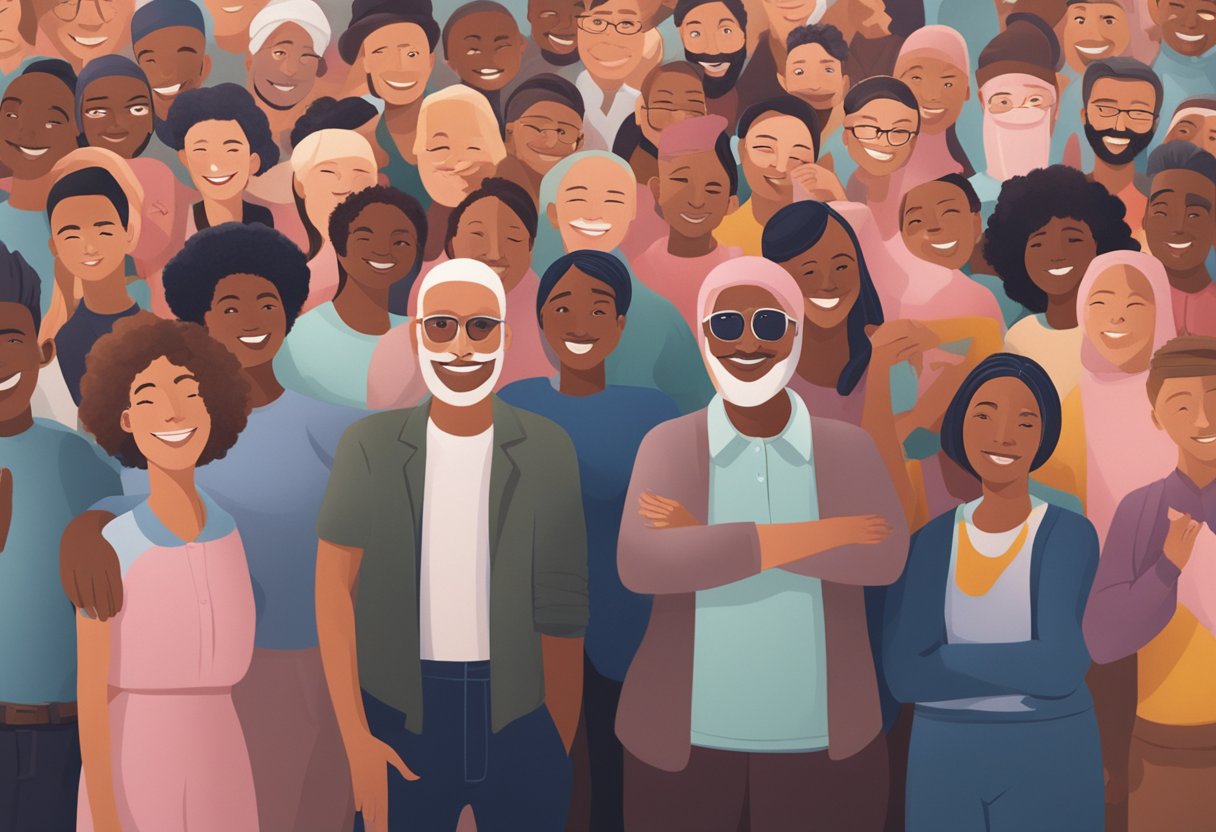 A group of diverse people gather around a cancer thriver, showing support and encouragement. Smiles and gestures convey warmth and solidarity