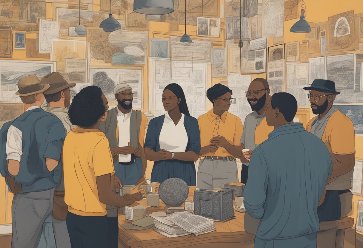 A group of diverse individuals gather in a supportive environment, exchanging information and resources. The atmosphere is warm and welcoming, with a sense of camaraderie and understanding