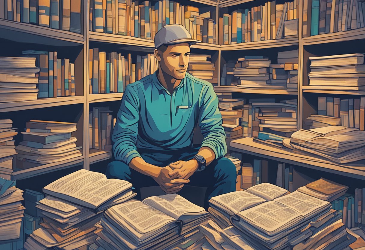 A male cancer survivor studies Psychoneuroimmunology, surrounded by medical textbooks and research papers