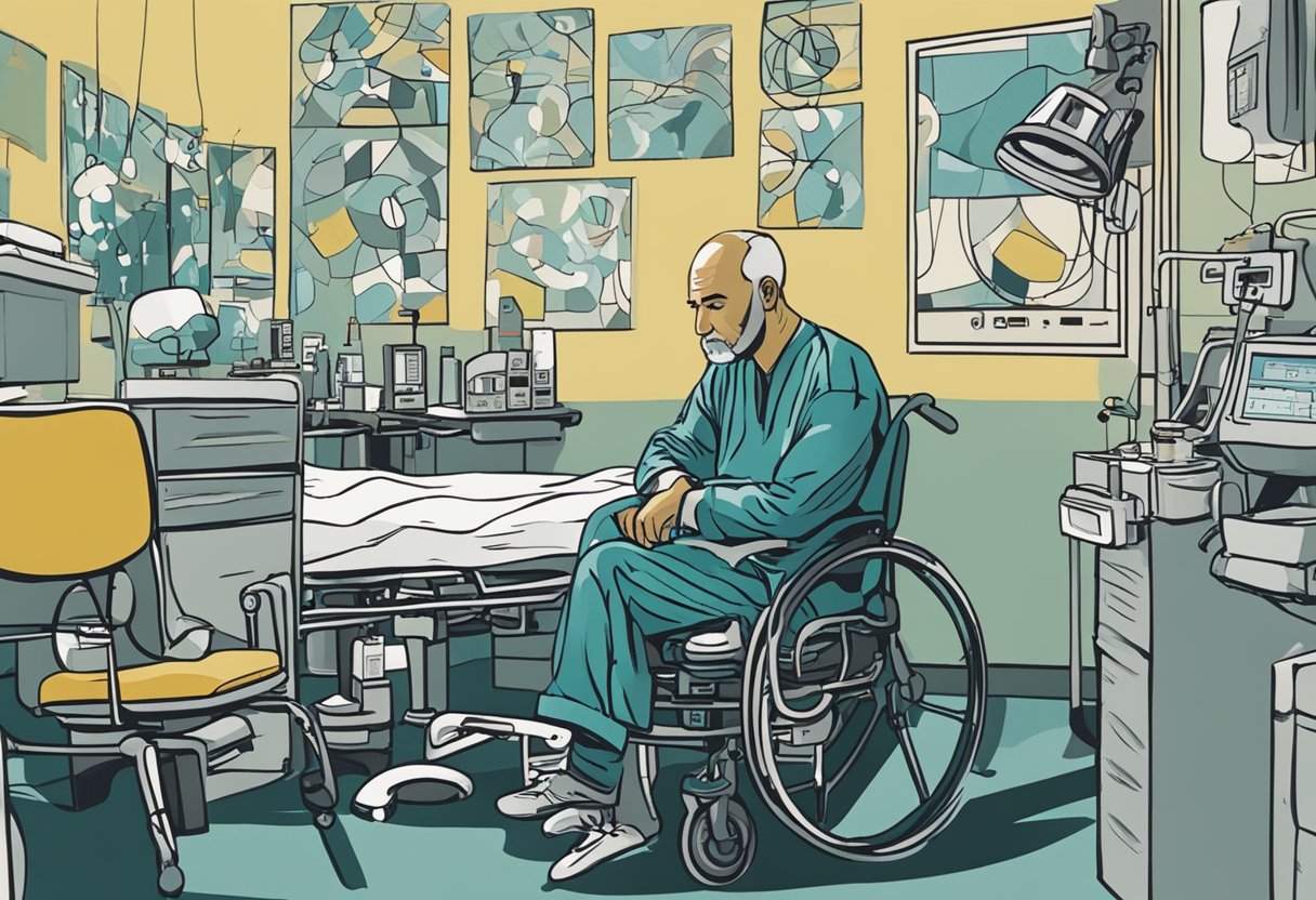 A man sits in a hospital room, surrounded by medical equipment. His face shows signs of stress as he battles cancer