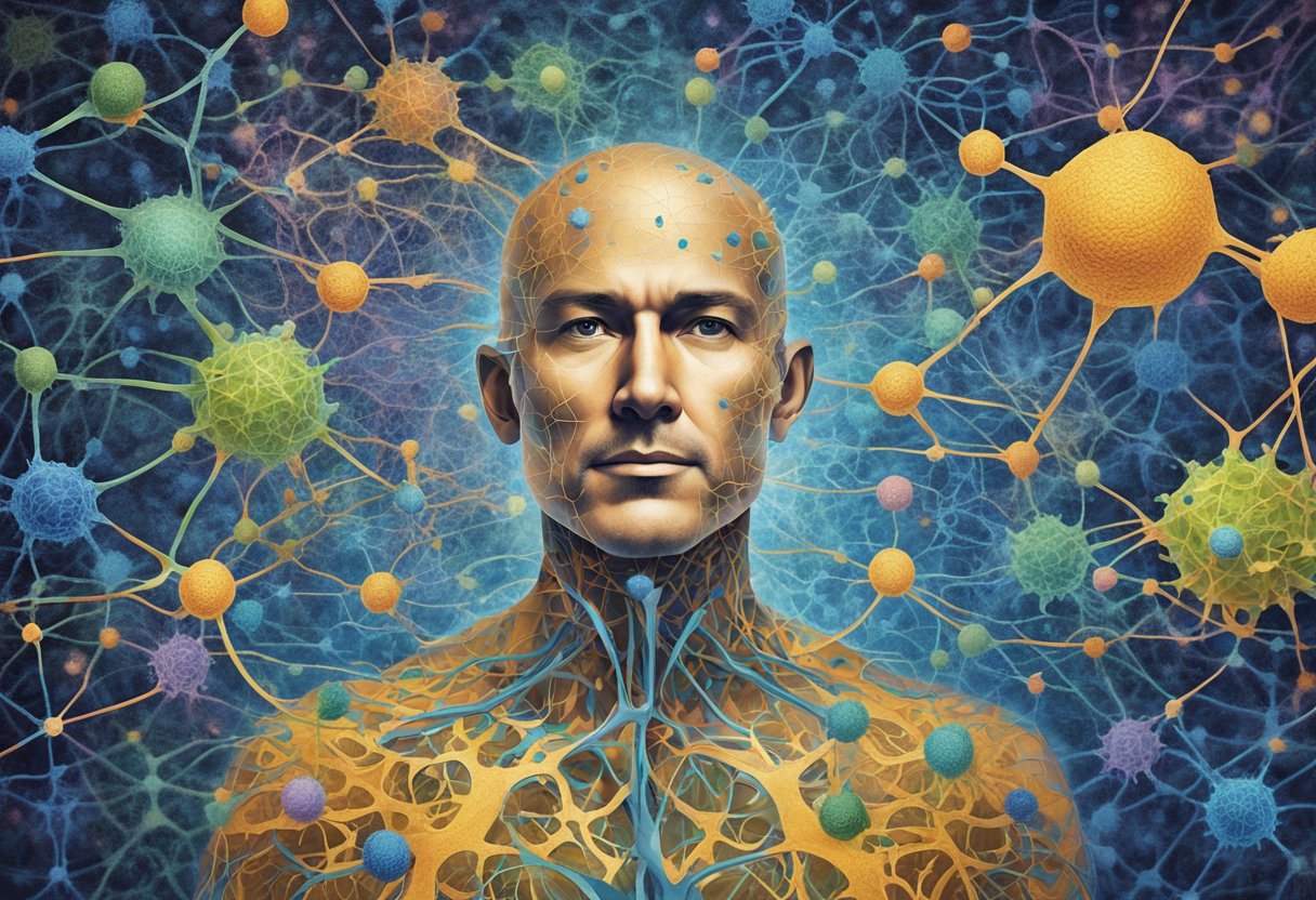 A male cancer survivor stands strong, surrounded by a network of interconnected neurons, immune cells, and hormones, symbolizing the intricate relationship between mind, body, and immune system in psychoneuroimmunology