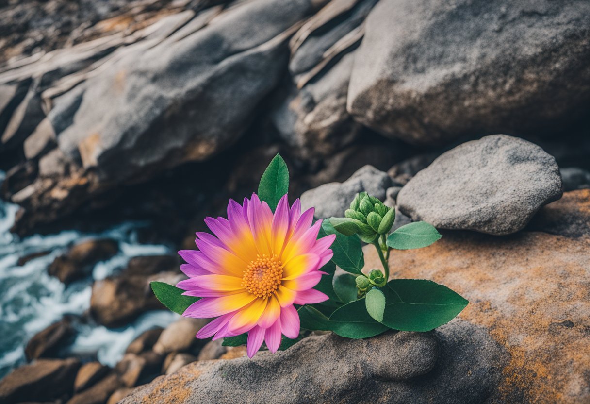 A vibrant, blooming flower emerges from a rocky terrain, symbolizing the unique journey of cancer survivorship