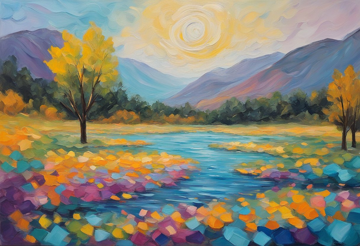 A vibrant, swirling palette of colors emanates from a blank canvas, evoking a sense of hope and renewal. Bright, uplifting imagery symbolizes the emotional and psychological healing process for a cancer thriver
