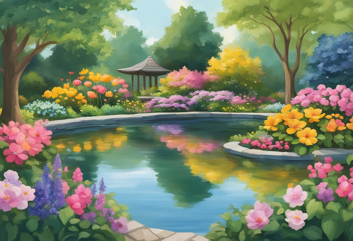 A serene garden with vibrant flowers and a peaceful pond, symbolizing renewal and vitality after cancer survivorship
