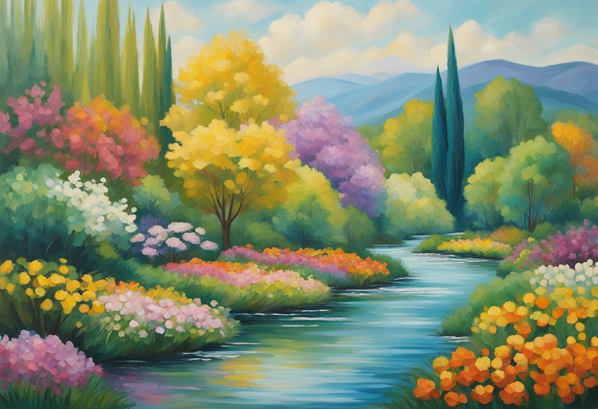 A serene landscape with a vibrant, blooming garden and a peaceful, flowing river, symbolizing hope and renewal