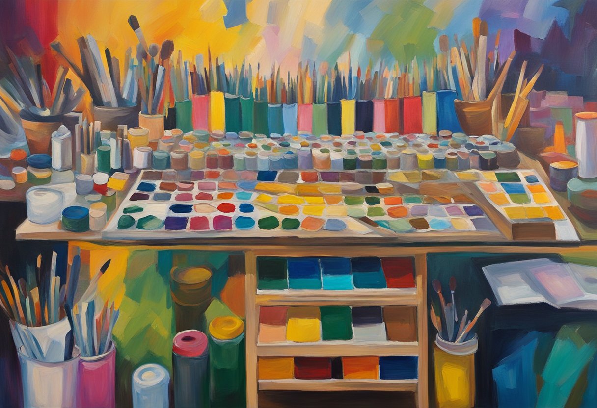 A colorful palette of art supplies spills out onto a table, surrounded by a variety of vibrant, abstract paintings adorning the walls. A sense of healing and hope emanates from the scene