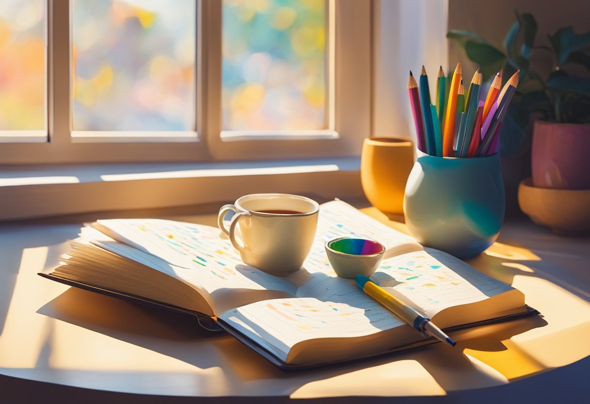 A journal lies open on a sunlit table, surrounded by colorful pens and a cup of tea. The window casts a warm glow on the page, inviting and comforting