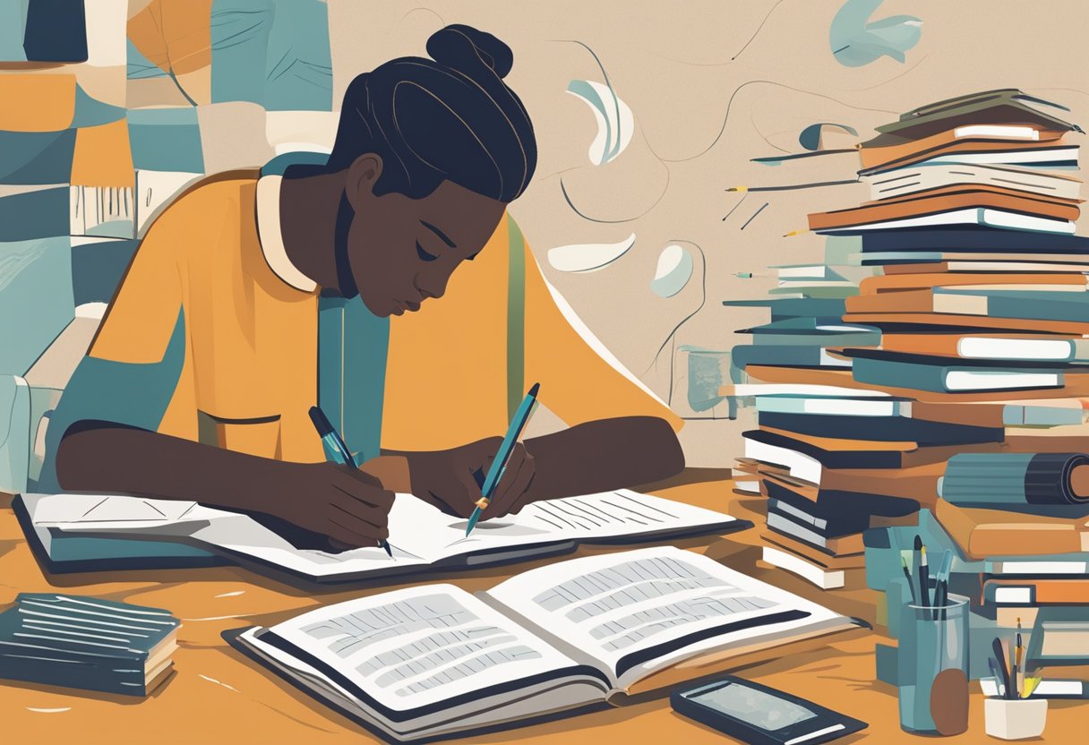 A person sits at a desk, surrounded by journals and pens. A serene expression on their face as they write, finding healing through words
