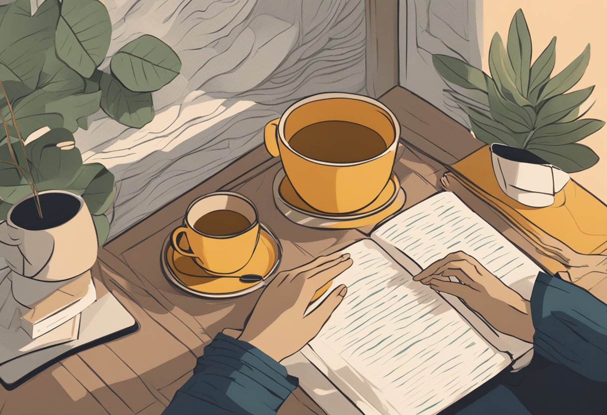 A person sits in a cozy room with a notebook, surrounded by calming decor. A warm cup of tea sits on the table as they write, finding peace and healing through therapy integration