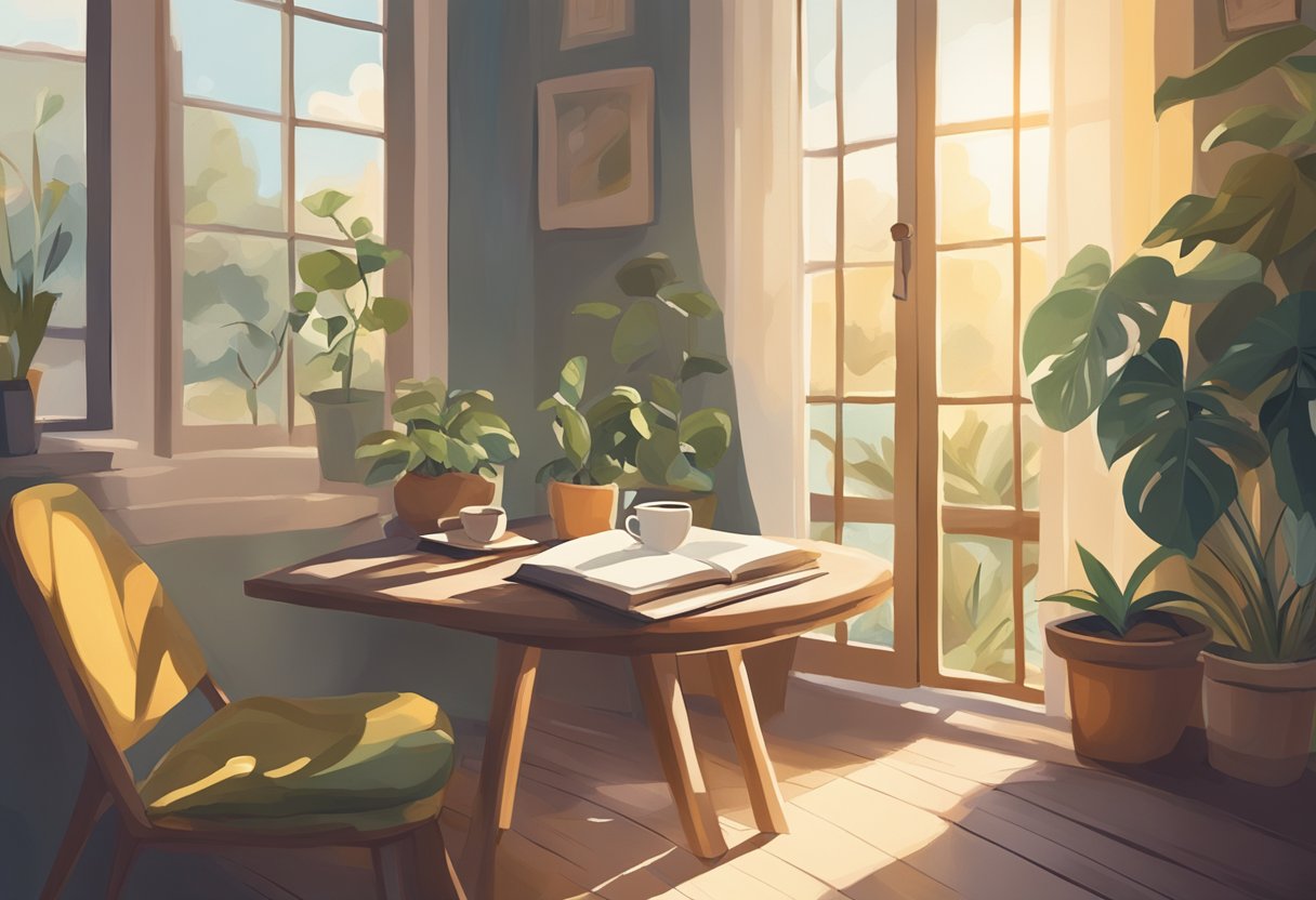 A cozy, sunlit room with a journal, pen, and a cup of tea. A serene atmosphere with plants and soft music. Comfort and peace in the midst of a chronic battle