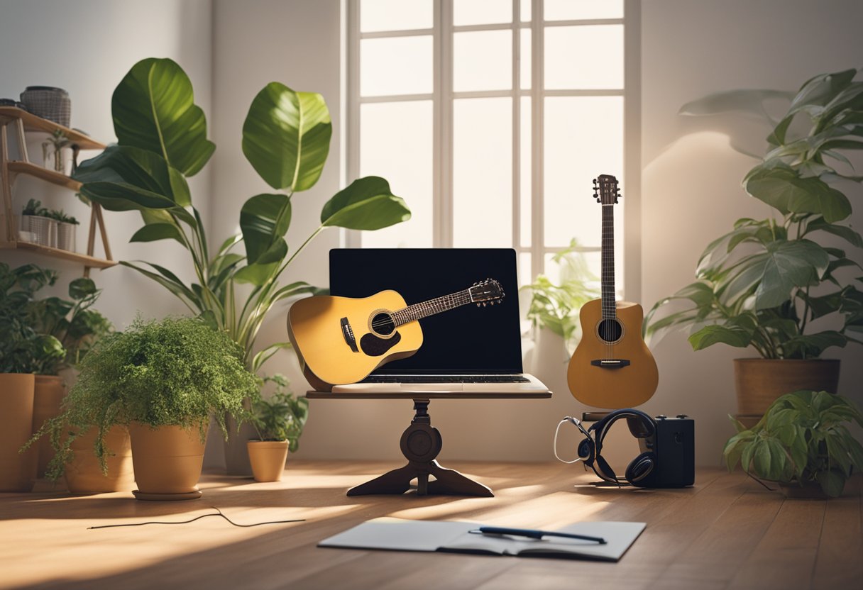 A guitar resting on a stand, surrounded by a notebook, pen, and headphones. A serene room with soft lighting and plants