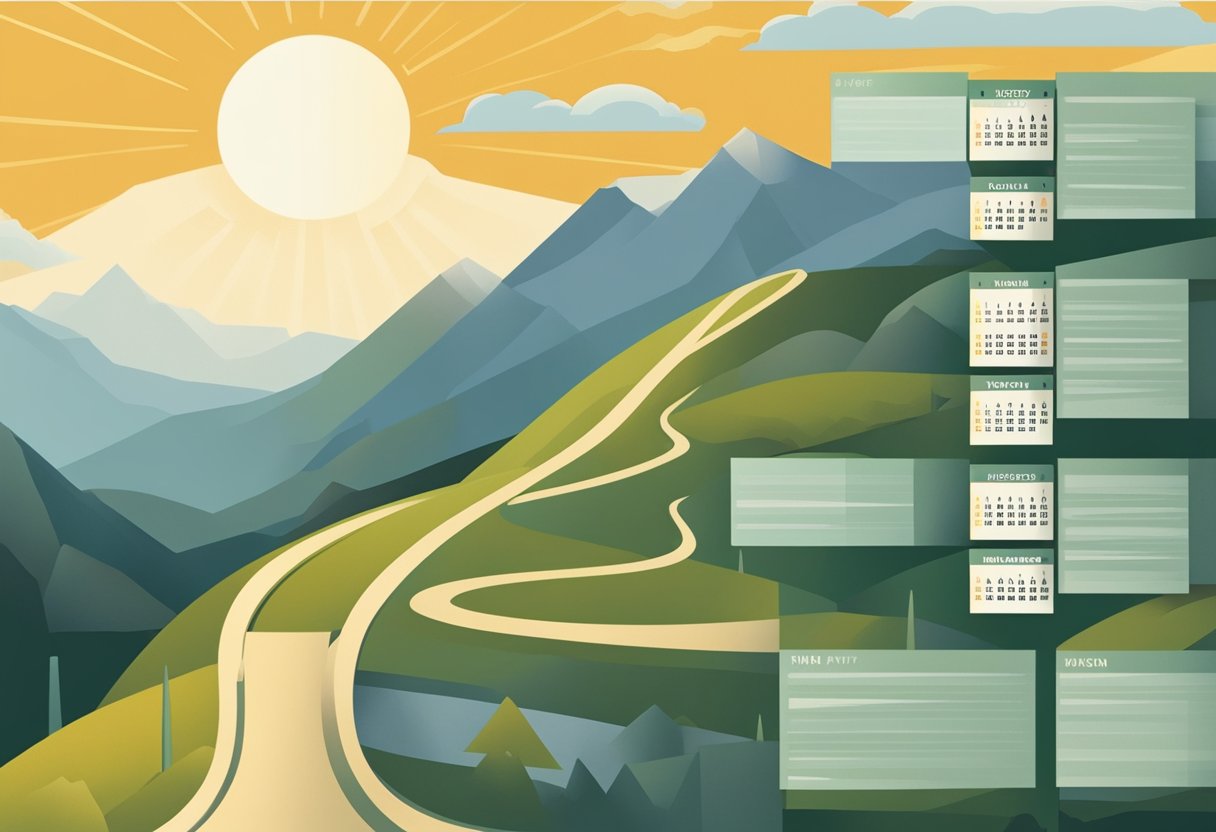A calendar with daily milestones marked off, a mountain with a winding path leading to the top, a sun rising in the background