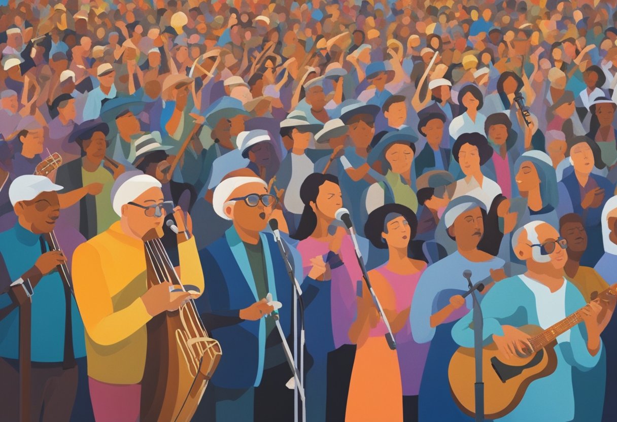 A cancer thriver stands on stage, singing with passion. Instruments surround them, as the audience listens intently