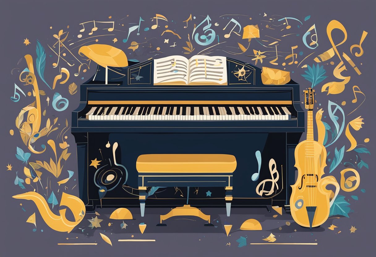 A cancer thriver sits at a piano, playing with passion and determination, surrounded by musical notes and symbols representing their journey