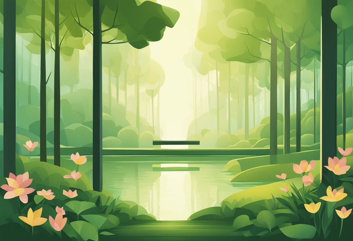 A serene nature scene with soft lighting, vibrant greenery, and a sense of peace and tranquility