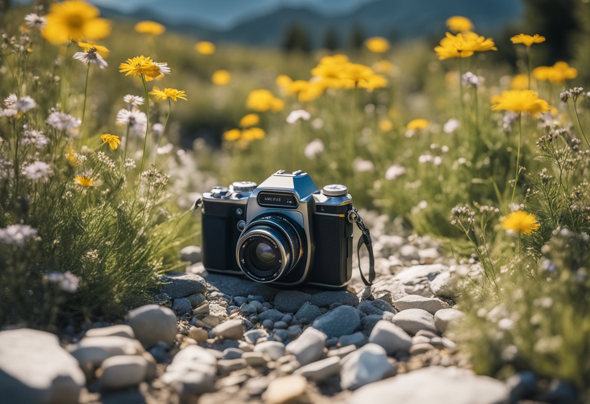 A camera on a rocky path, surrounded by wildflowers and sunlight, symbolizing resilience and hope