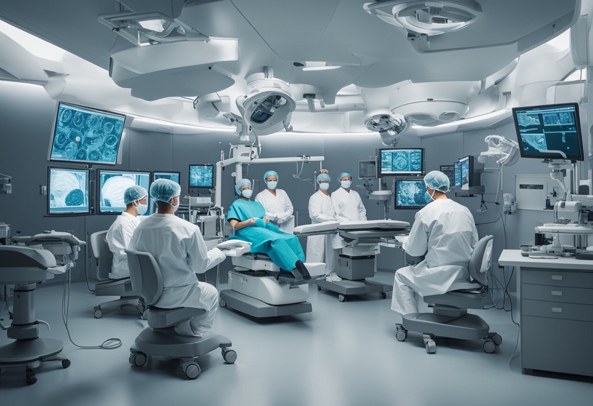 A medical team performing surgery, surrounded by advanced equipment and monitors, while a cancer thriver looks on with hope and determination
