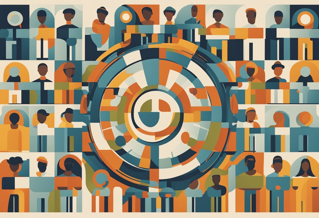 A group of diverse individuals gather in a circle, showing support and solidarity. A journey of hope and resilience is depicted through symbols of strength and unity